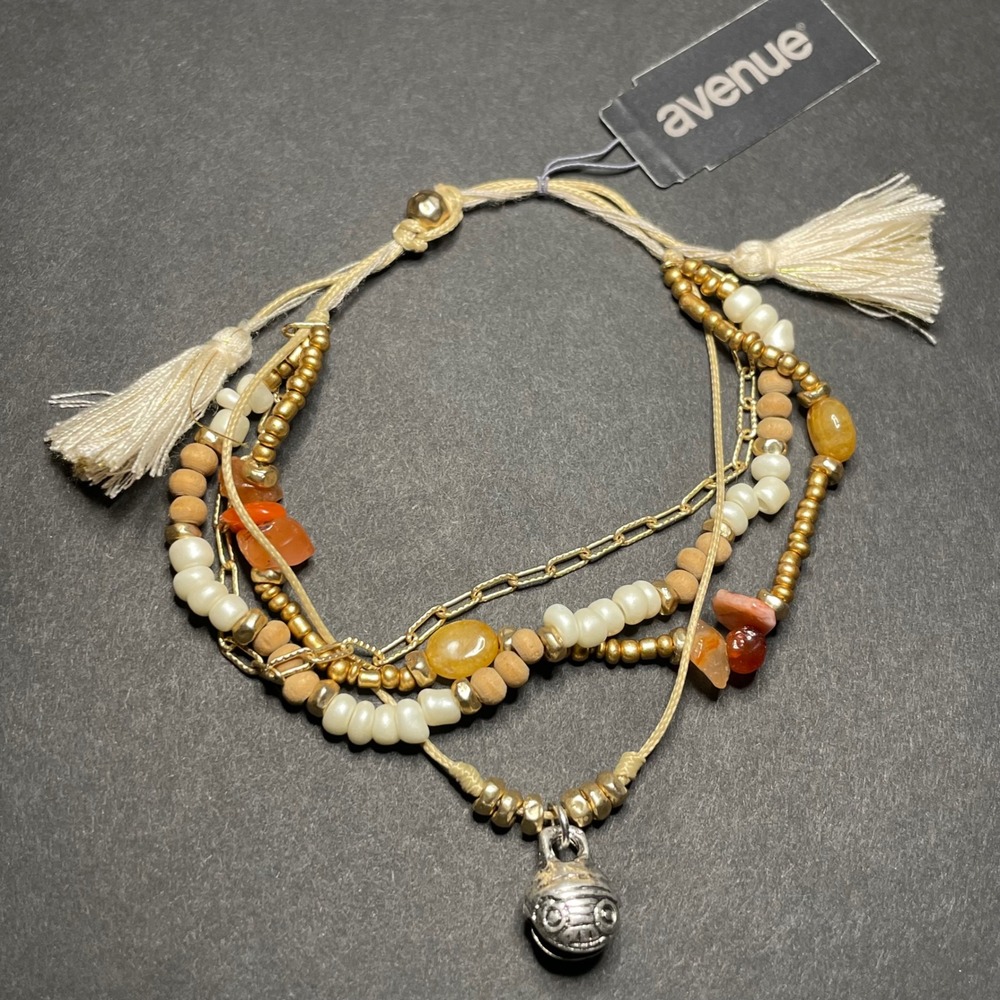 Avenue Womens Multi-Strand Beaded Bracelet Gold‎ Cream Stone Tassels Bell Charm